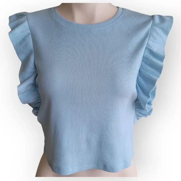 Zara sleeveless baby blue ruffled-sleeve Spring top size M NWT Sabrina Carpenter - Picture 3 of 13